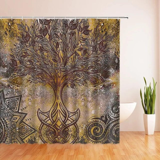 Lebensbaum Duschvorhang mit Baum Muster und ethnischen Mandala Formen in Türkis und Braun, B x H: 180 x 180 cm - Bild 1