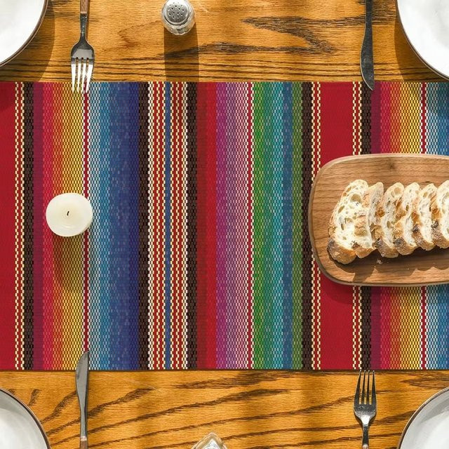 VIKAMA Tischläufer aus Leinen in bunt gestreiftem mexikanischem Ethno-Design, B/H: 33 x 90 cm - Bild 1