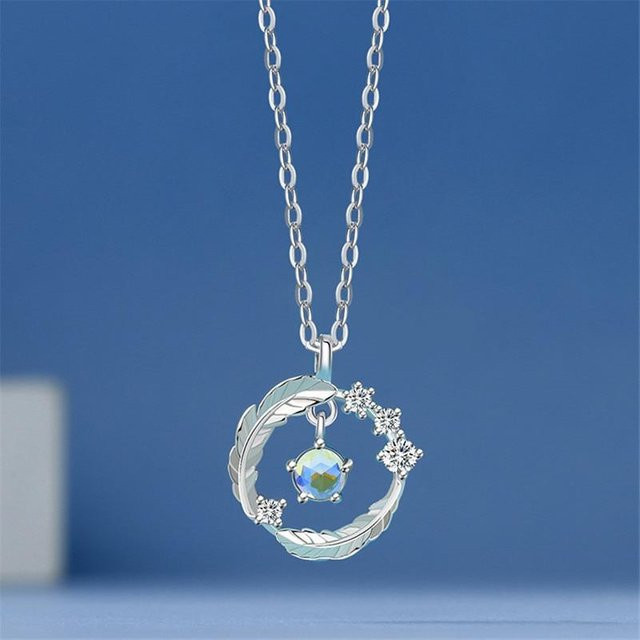 Halskette 925 Silber, Mondstein, Perle, Feder Charm, Damen - Bild 1