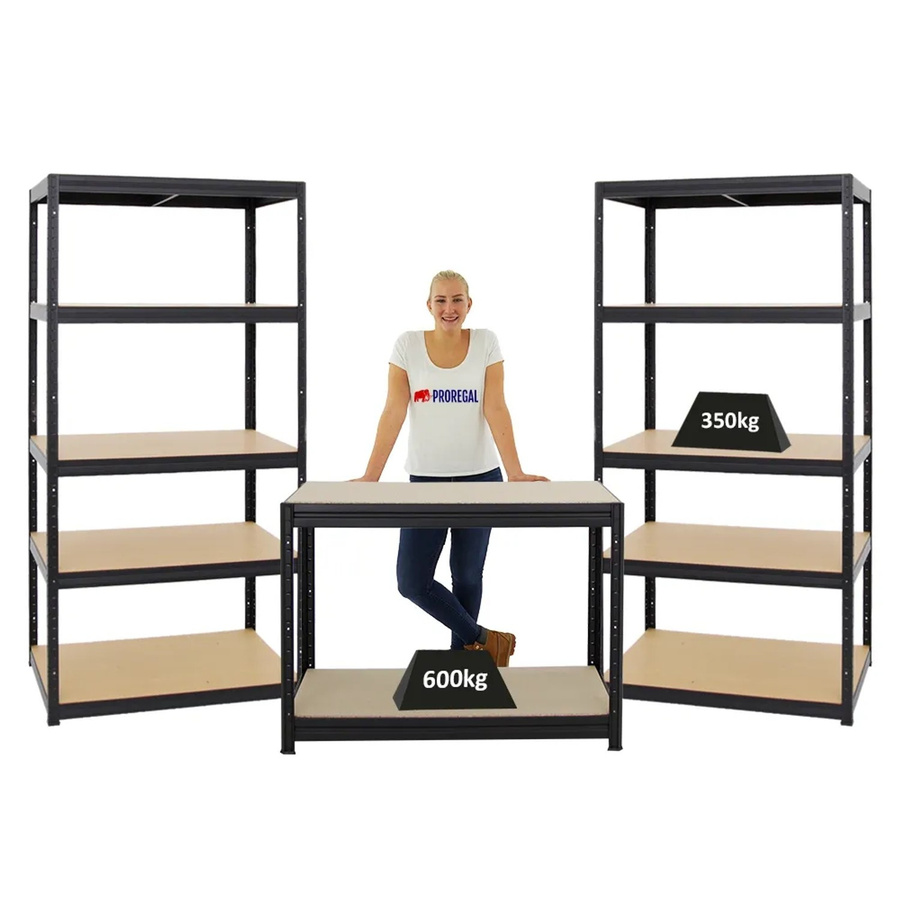 PROREGAL Set aus 2x Schwerlastregal Slim Elephant und 1x Höhenverstellbarer Werkbank Slim Dino in Schwarz, H: 180 cm, B: 90 cm, T: 60 cm & H: 90 cm, B: 120 cm, T: 60 cm - Bild 2