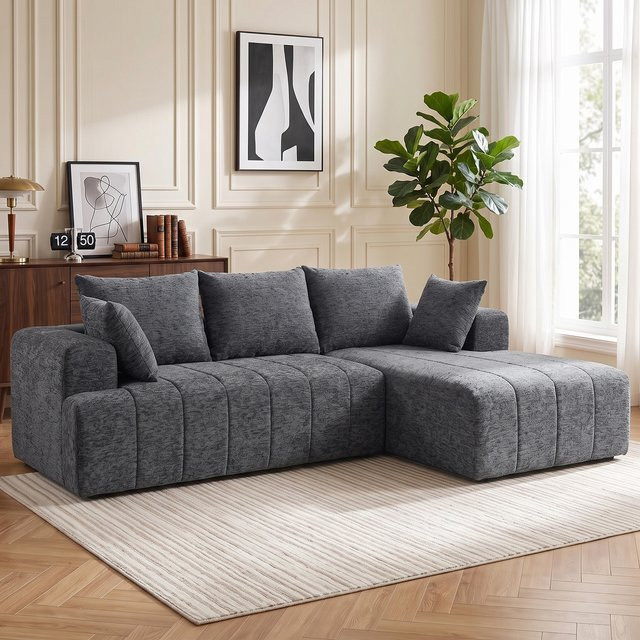 HOMCOM Ecksofa L-Form in Grau mit Schlaffunktion und Kissen, modularer 3-Sitzer in Chenille-Optik, Breite: 256 cm - Bild 1