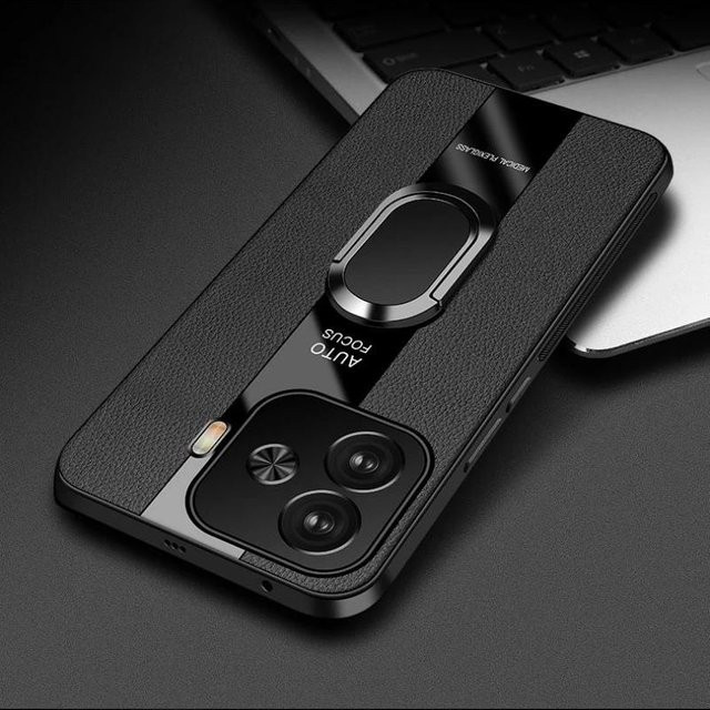 Stoßfeste Silikonhülle mit magnetischem Ringständer für iQOO Z9 Turbo und VIVO Z9 Turbo aus PU-Leder in Schwarz - Bild 1