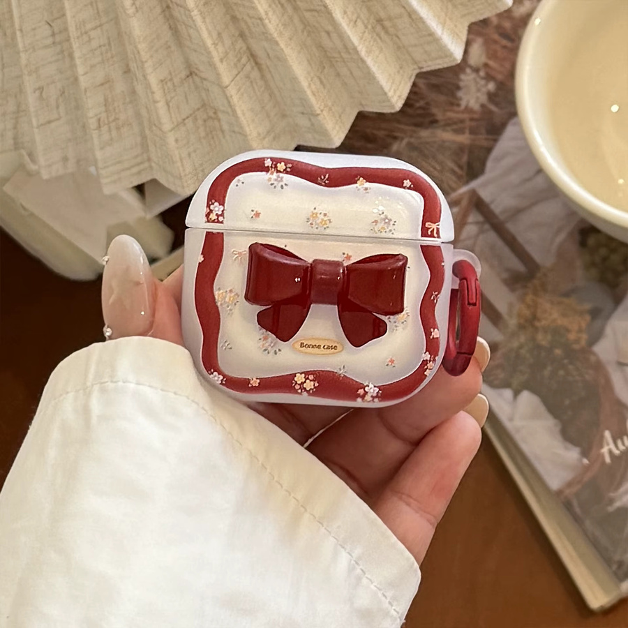 Schutzhülle für Apple AirPods und AirPods Pro mit 3D Cartoon Rote Schleife und Floral Welle Design in Rot inklusive Haken - Bild 6