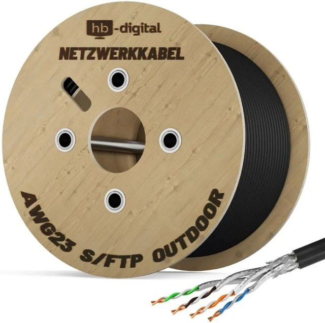 hb-digital CAT 7 LAN Datenkabel für Außenbereich, S/FTP, max. 1000 MHz, Schwarz, 500m - Bild 1