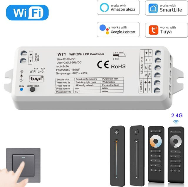 Tuya Smart LED Dimmer Controller mit WLAN und RF 2,4G Fernbedienung für DC 12V 24V CCT LED Streifen - Bild 1