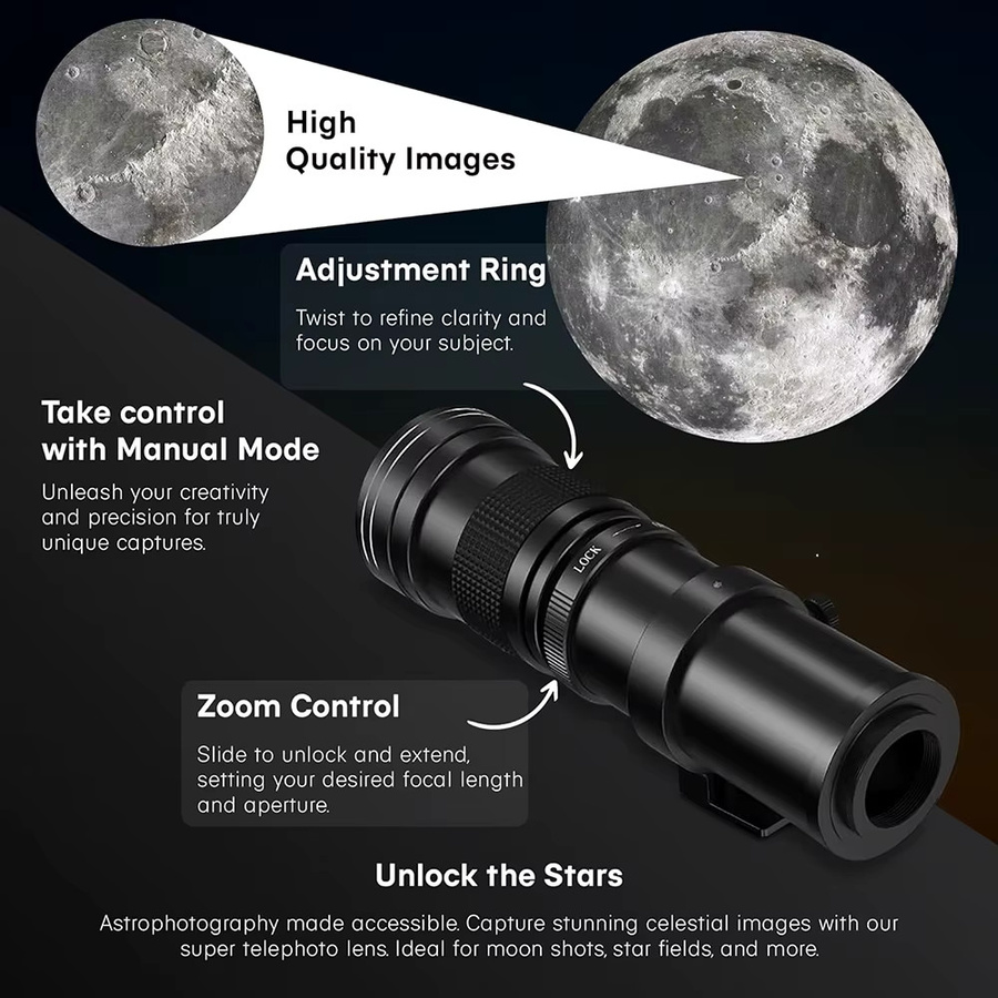 Lightdow manuelles Telezoomobjektiv f/8,3 für Canon, Nikon Z und Sony spiegellose Kameras, Schwarz, Brennweite 420–800 mm - Bild 2