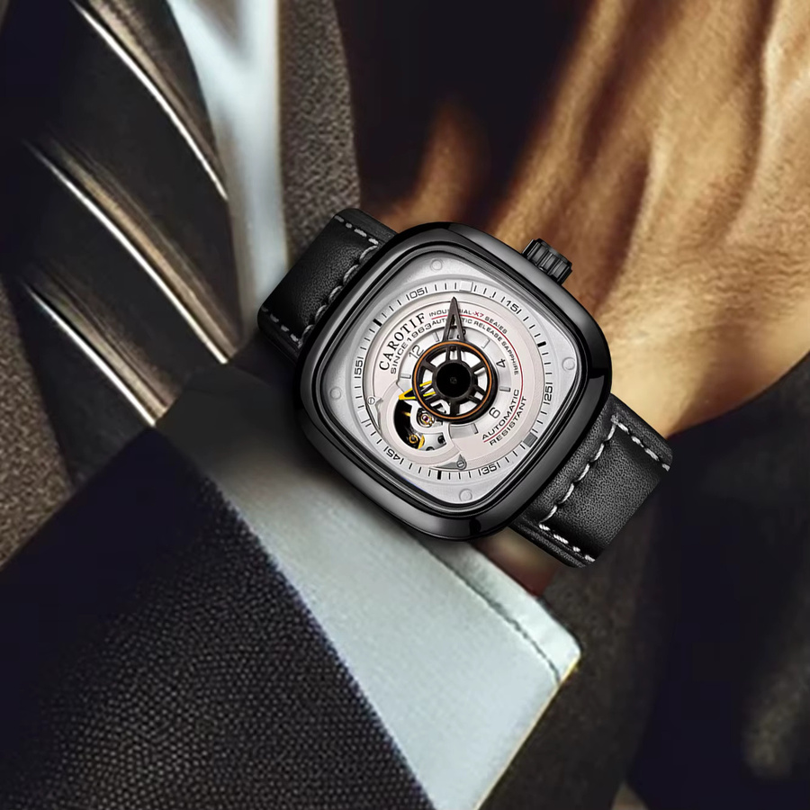 CAROTIF Armbanduhr, Automatik, eckig, Leder, Schwarz, Weiß, Herren - Bild 3