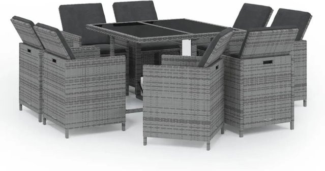 vidaXL 9-tlg Garten-Essgruppe aus Poly Rattan in Grau mit Auflagen und Glastisch - Bild 1