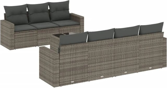 vidaXL 8-tlg. Garten-Sofagarnitur aus Poly Rattan in Grau mit Kissen und Couchtisch - Bild 1