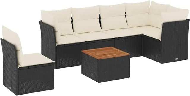 vidaXL 7-teilige Garten-Sofagarnitur in L-Form mit Polyrattan und Kissen, Schwarz-Creme - Bild 1