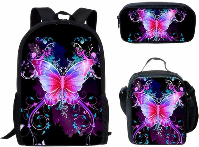 Schulranzen-Set für Mädchen mit 3D-Schmetterlings-Design in Braun inklusive Laptop-Rucksack, Brotdose und Federmäppchen - Bild 1