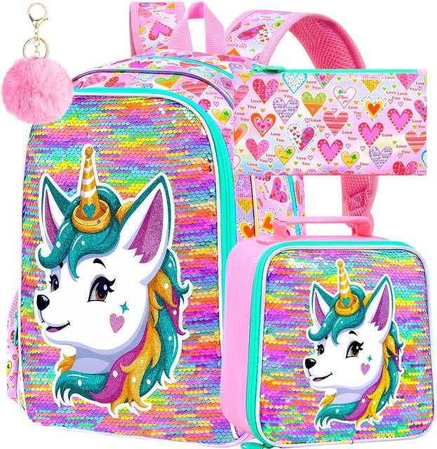 Fancy Style Studio Einhorn-Rucksack 3-in-1-Set für Mädchen mit Brotdose und Federmäppchen, Regenbogen-Wendepailletten, Multicolour - Bild 1