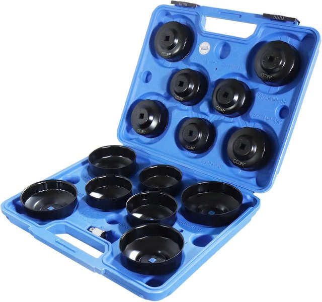 CCLIFE 15-teiliges Ölfilter-Schlüsselset in Blau mit 14 Kappen (65-100 mm) und Adaptern für 3/8 Zoll und 1/2 Zoll Antrieb aus Stahl - Bild 1