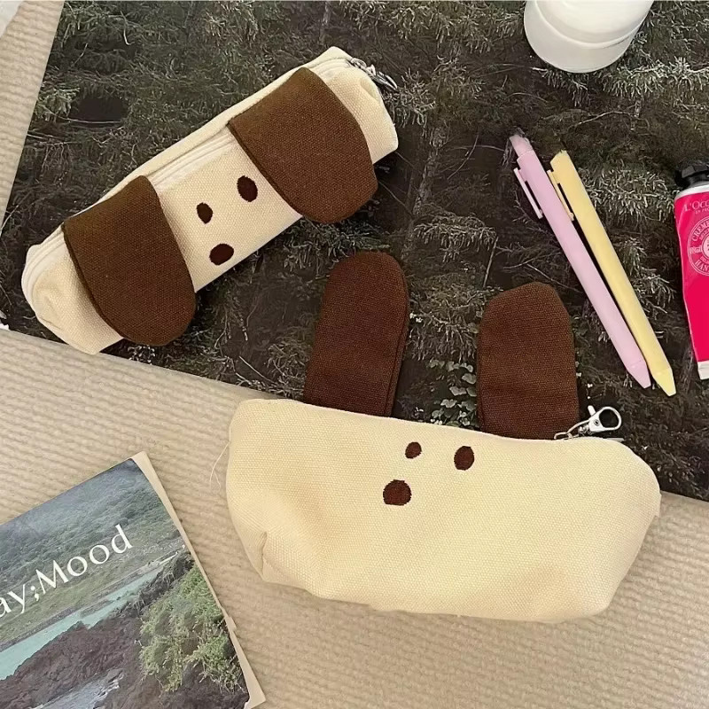 Kreative Leinwand-Schreibwarentasche mit Hundemotiv in Beige als großkapazitive Federmäppchen für Studenten - Bild 3