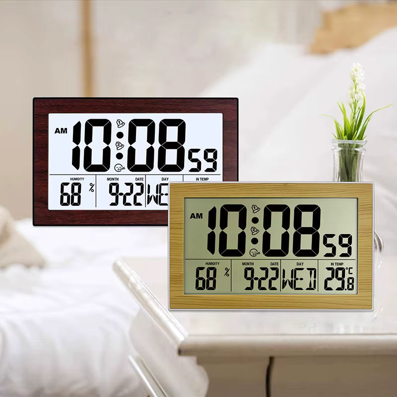 Digitale LCD-Wanduhr in skandinavischem Design aus Holz mit Thermometer und Dual-Alarmfunktion, mehrfarbig und rechteckig - Bild 4