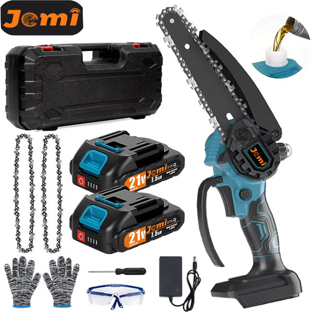 Jemi Tool Akku Kettensäge 6 Zoll Blau mit zwei Akkus und automatischer Schmierung - Bild 1