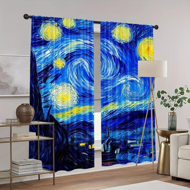 Set aus 2 Fenstervorhängen mit Sternenhimmel Ölgemälde Druck in Multicolor, Polyester, B: 100 cm, H: 70 cm - Bild 1