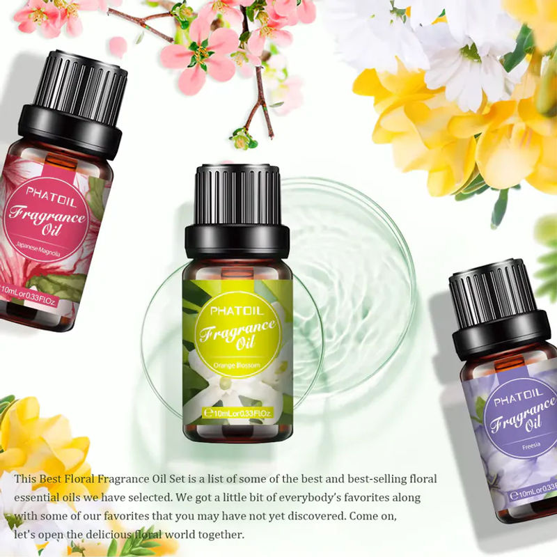 PHATOIL 6-teiliges Blumen-Duftöle-Set für Diffusor, 6 x 10 ml, Sortiment aus weißem Moschus, Orangenblüte, Geißblatt, Freesie, Parma und violetter Magnolie - Bild 3