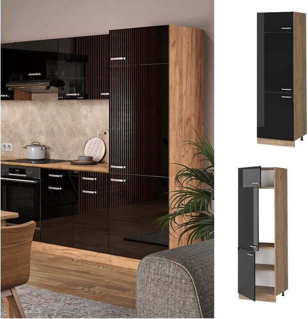 Vicco Kühlumbauschrank R-Line Küchenschrank in Schwarz und Eiche mit Goldakzenten, Breite: 60 cm, Höhe: 207 cm, Tiefe: 55,93 cm - Bild 1