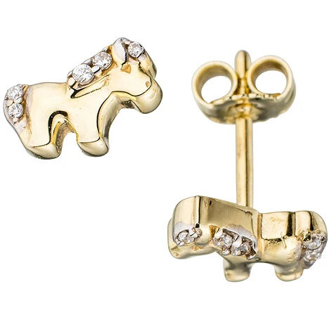 Colkid Kinder Ohrstecker Pferd, 333 Gelbgold, bicolor, Zirkonia - Bild 1