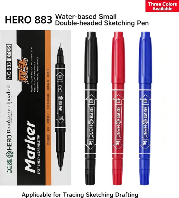 Hero 883 Löschbarer Marker mit zwei Spitzen, wasserbasierter Skizzenstift, doppelseitig, 10 Stück (Rot, Schwarz, Blau) - Bild 1