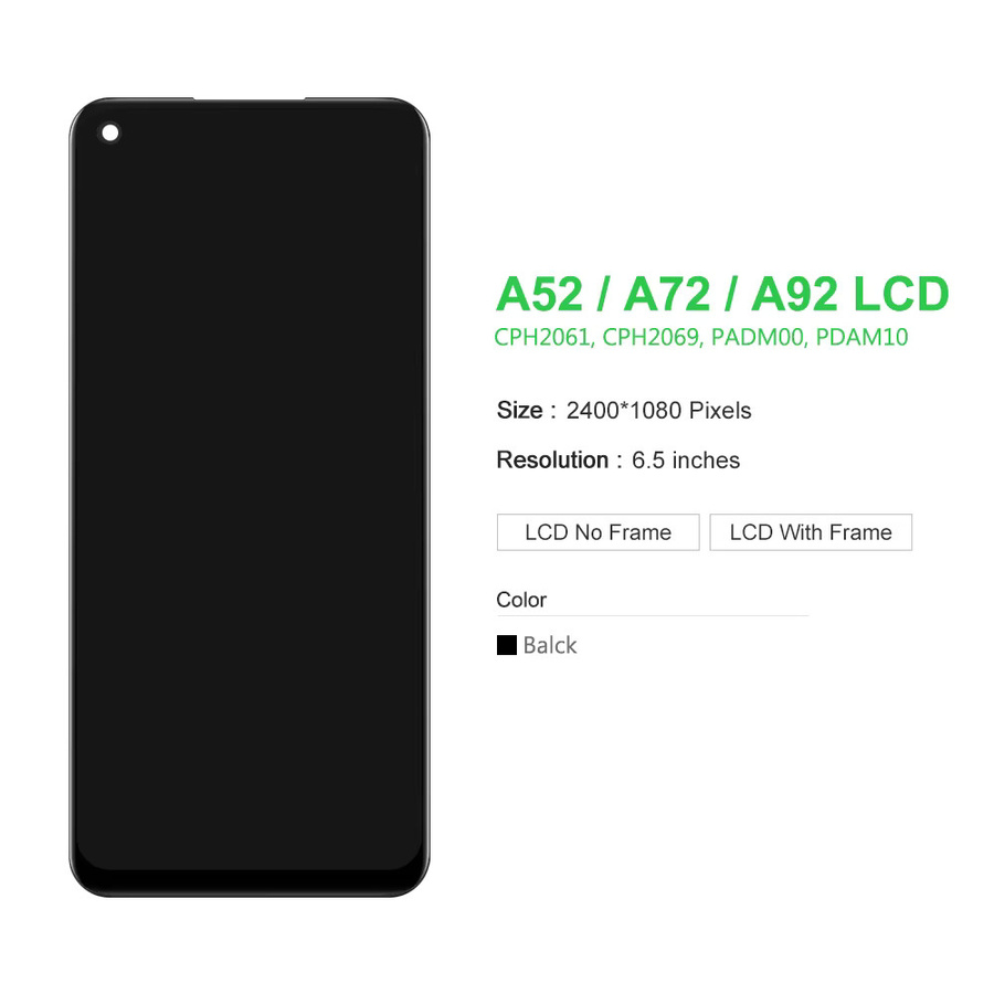 Oppo LCD-Touchscreen Ersatzdisplay mit Rahmen für A92 A72 A52 in Schwarz, 6.5 Zoll, Modell CPH2059 CPH2061 CPH2069 CPH2067 - Bild 2