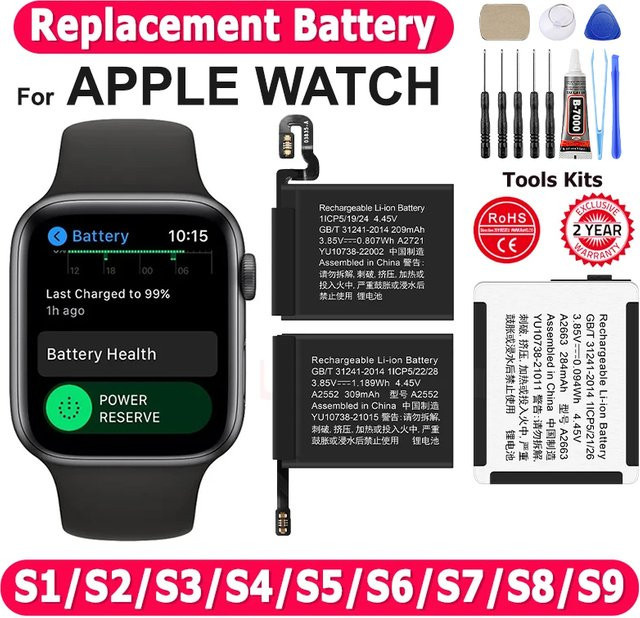 Ersatzakku für Apple Watch Series SE 1 2 3 4 5 6 7 8 GPS und LTE Modelle inklusive Werkzeug - Bild 1