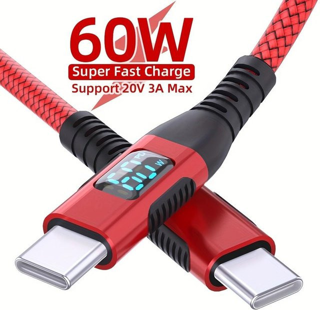 LAIHONEN USB-C zu USB-C Ladekabel 60W mit Nylon-Verstärkung, 480Mbps Datenübertragung, Farbe: Rot - Bild 1