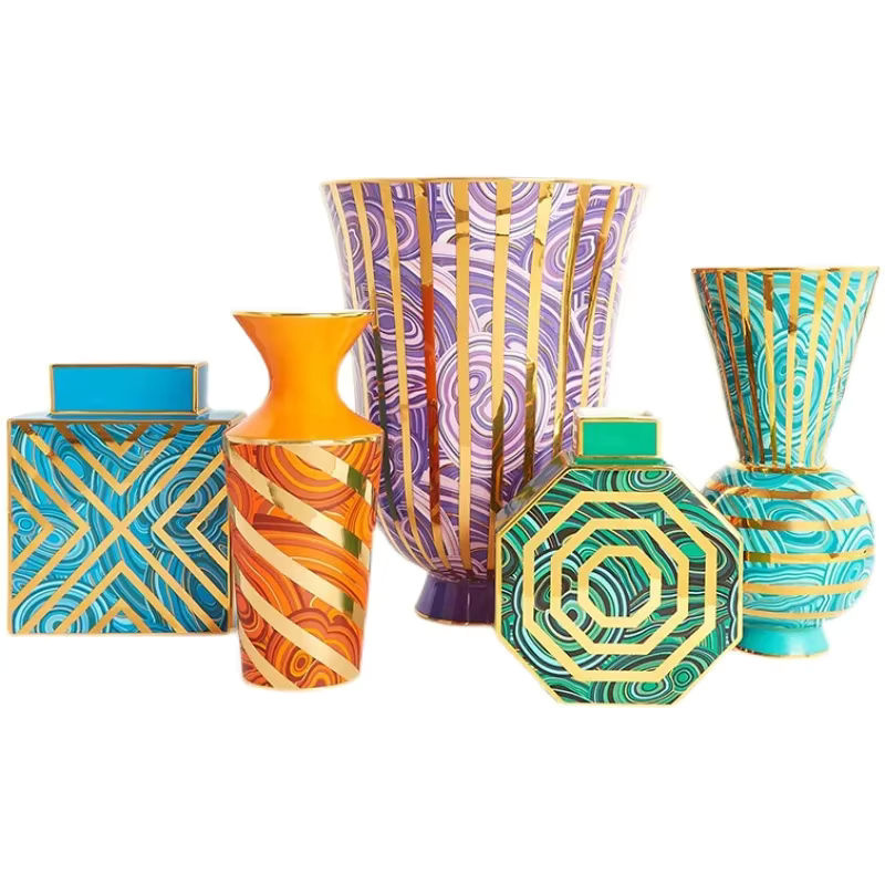 Oeny Designer Keramik Vase in Gold und Mehrfarbig mit geometrischem Design für Schnittblumen - Bild 5