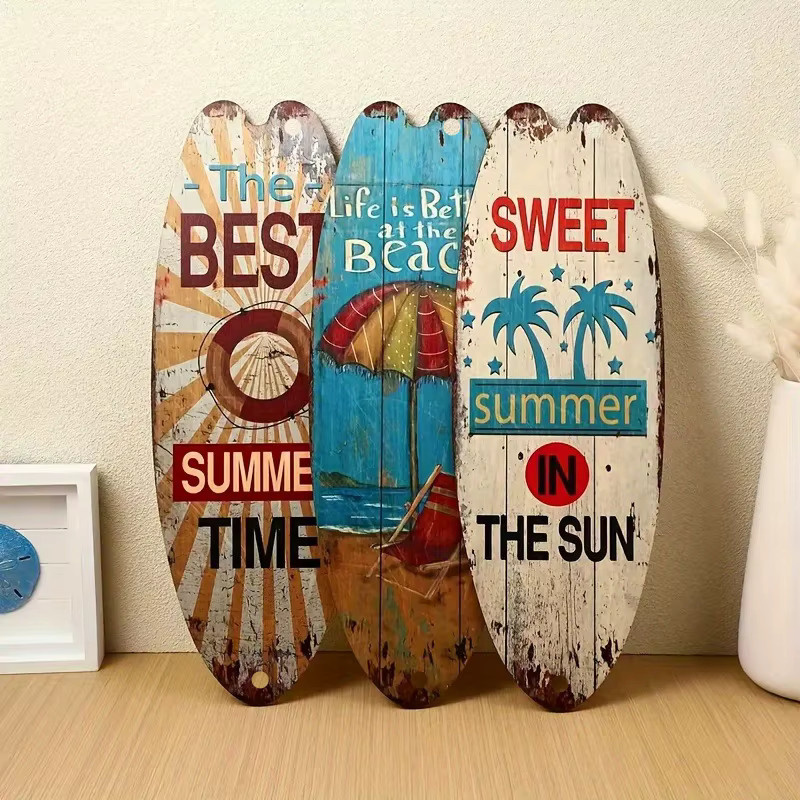 DDPNKL 3-teiliges Metall-Wanddekorations-Set im Vintage-Stil mit Surfbrett, Palmen und Sommer-Motiven, Mehrfarbig - Bild 2