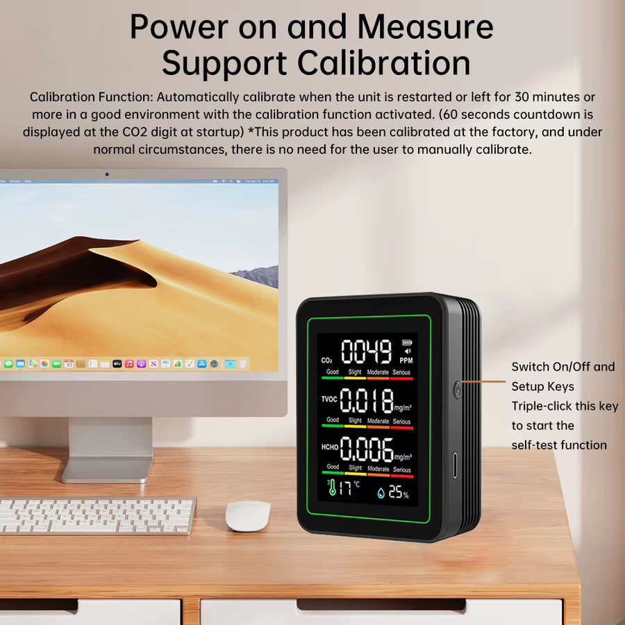Gaqqee 5-in-1 Luftqualitätsmonitor in Schwarz mit CO2-Detektor, Formaldehyd-Messgerät sowie Temperatur- und Feuchtigkeitsmonitor und Typ-C-Anschluss - Bild 6