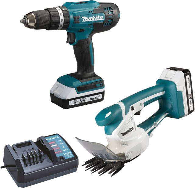 Makita DK18B56Y Set mit HP488D Schlagbohrschrauber und UM110D Grasschere 18V G-Serie sowie 2 Akkus in Petrol - Bild 1