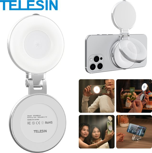 TELESIN Magnetisches Mini-Selfie-Fülllicht in Weiß mit 3 Modi und einstellbarer Helligkeit für Smartphone, iPhone, Xiaomi, Huawei und Samsung - Bild 1