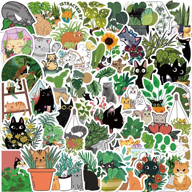 50 Stück GOGOTU Aufkleber Set mit Katzen und Pflanzen Motiven, bunte PVC Sticker für Laptop, Kühlschrank und DIY Dekoration - Bild 1