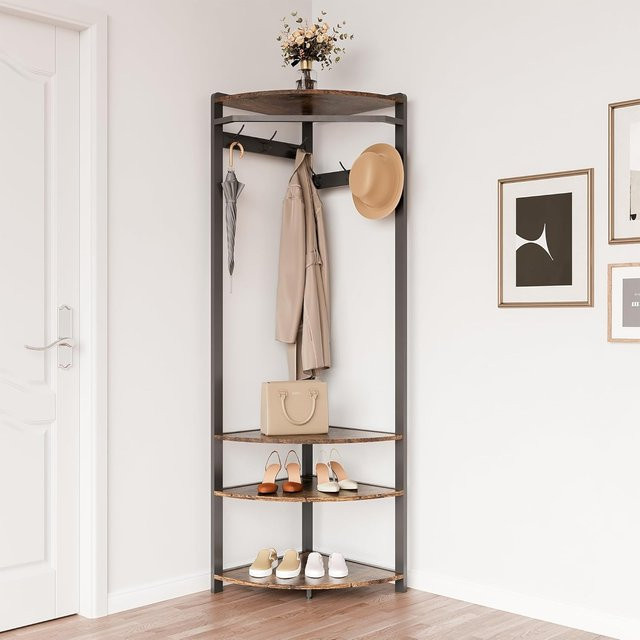 HiMISS Eckgarderobenständer Post-Tree in Braun mit 6 Haken und 3 Regalen für Flur und Wohnzimmer - Bild 1