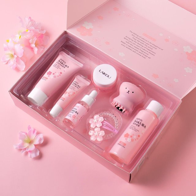 LAIKOU Sakura Gesichtsreinigungs- und Pflegeset, 8-teilig, Vitamin C, Hyaluronsäure, Niacinamid - Bild 1