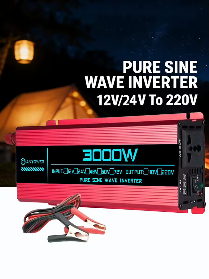 ZELMT Reiner Sinus-Wechselrichter 12V auf 220V DC zu AC 1600W 3000W Tragbarer Stromwandler in Rot - Bild 5