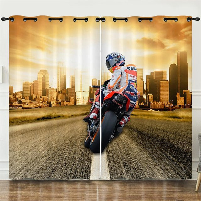 Yiran Furniture 3D Motorrad Dirtbike Vorhang mit 2 Paneelen, Mehrfarbig, Polyester, semi-transparent, Höhe: 130 cm, Breite: 100 cm - Bild 1