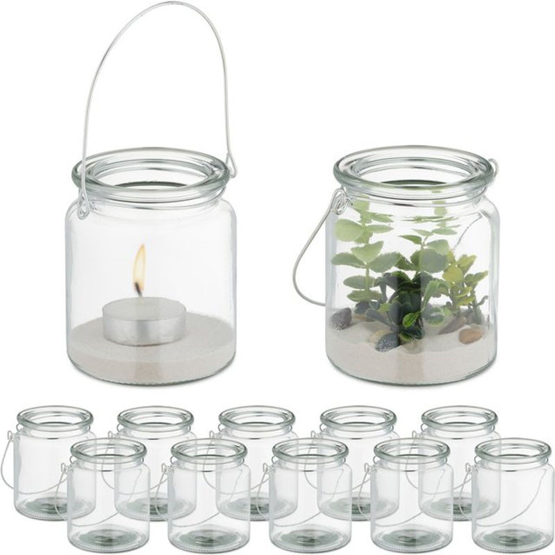 Relaxdays Windlicht Glas 12er Set Teelichthalter mit Henkel rund transparent/silber H x B x T: 9,5 x 8 x 8 cm - Bild 1