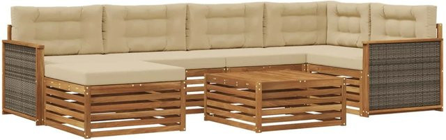 vidaXL Outdoor-Sofagarnitur L-Form aus Akazienholz mit 7 Kissen in Natur und Beige - Bild 1