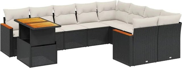 vidaXL 10-tlg. Garten-Sofagarnitur in L-Form aus Polyrattan und Akazienholz mit Kissen, Schwarz - Bild 1