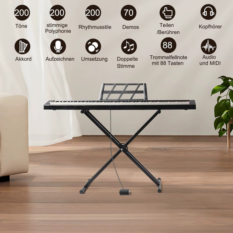 LEI Digitalpiano mit 88 halbgewichteten Tasten, Bluetooth und MIDI, inklusive X-Ständer, Kopfhörern und Tragetasche, Schwarz - Bild 2
