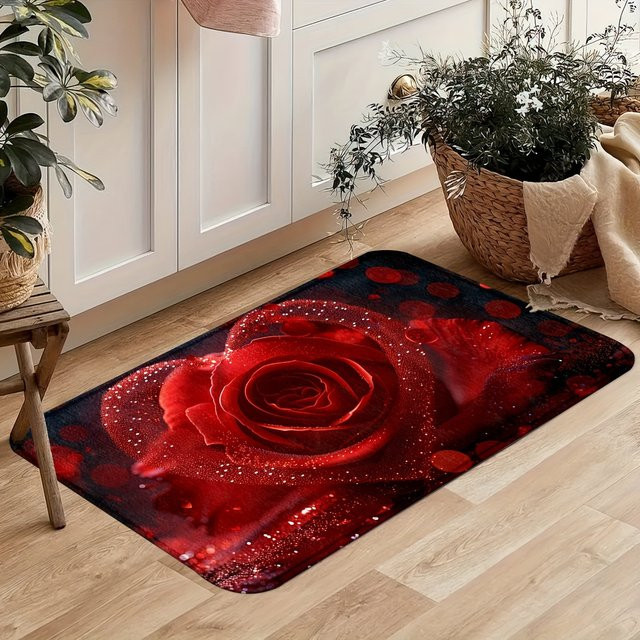 VIKAMA 2-teiliges Teppich-Set mit floralem Rosenmuster in Rot für Wohnzimmer und Schlafzimmer - Bild 1