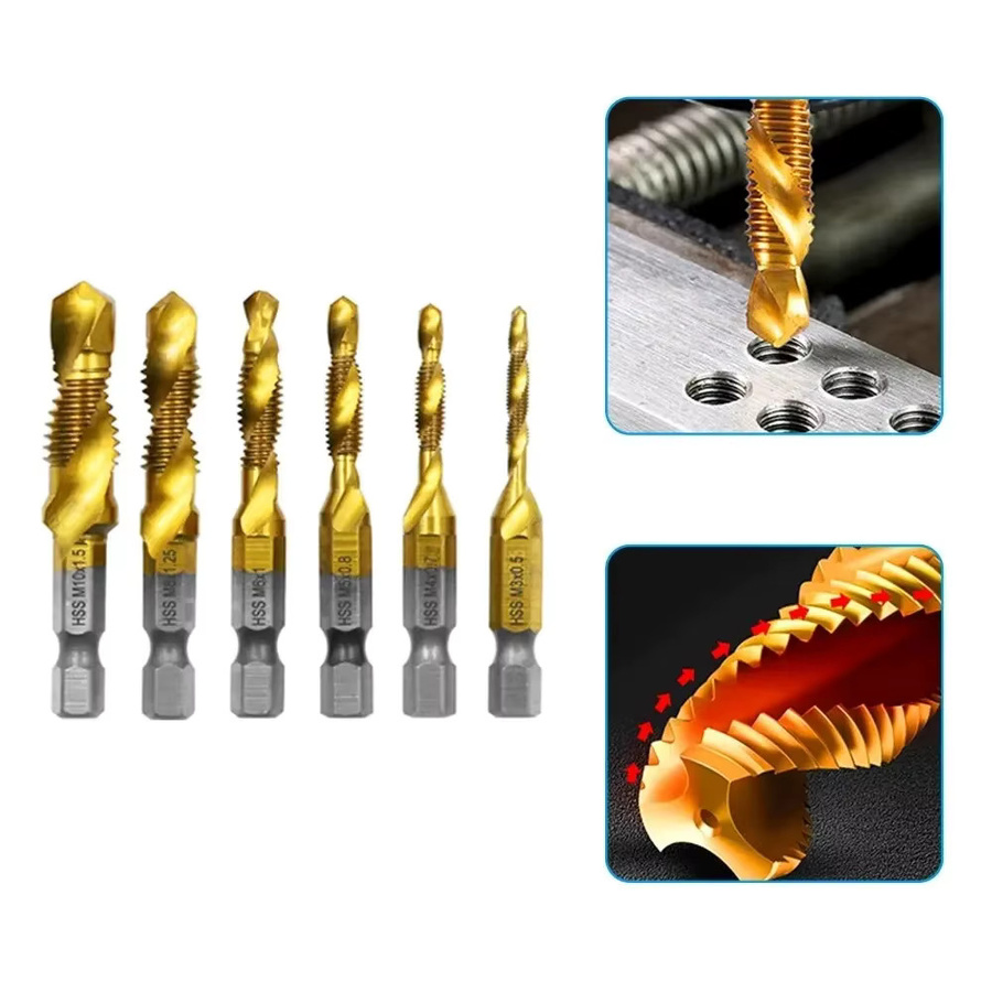 HSS Gewindebohrer- und Bohrer-Set mit sechseckigem Schaft in Gold, metrisches Set M3 bis M10 - Bild 3