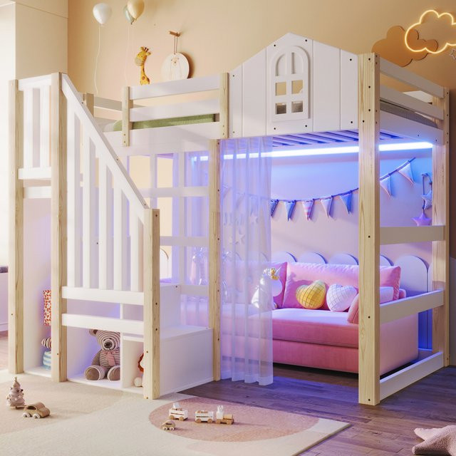 Hochbett für das Kinderzimmer in Fensterform mit LED-Beleuchtung und Gaze, Weiß und Beige, B/T/H: 90 x 200 cm - Bild 1
