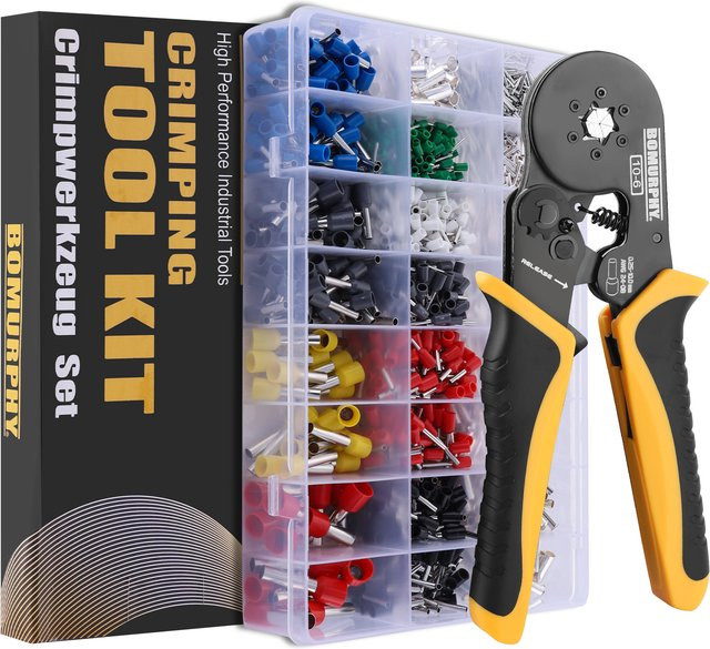 Bomurphy Hex Ferrule Crimpzange Kit mit Kabelanschlüssen und selbstverstellbarer Ratschen-Drahtklemmen für AWG24-8 - Bild 1
