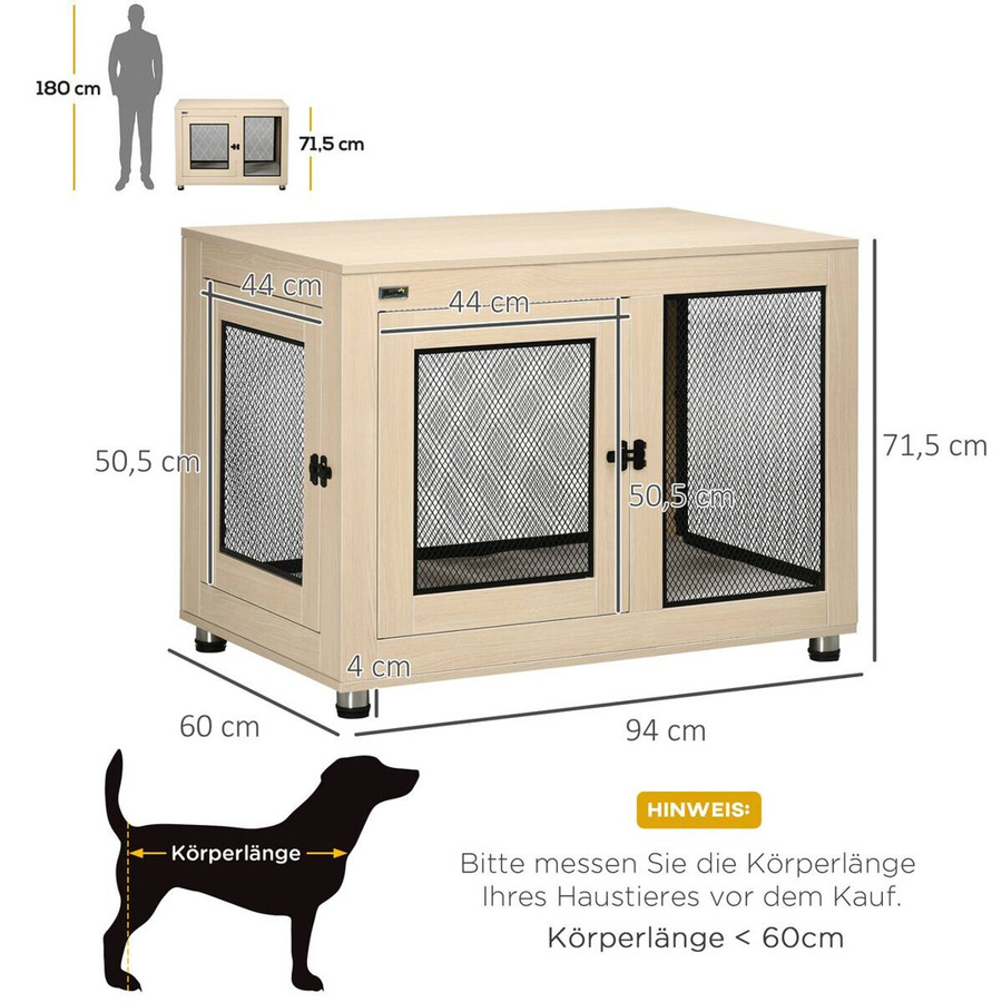 PawHut Hundekäfig mit Kissen und 2 Türen in Eiche, B/T/H: 60 x 94 x 71,5 cm - Bild 3