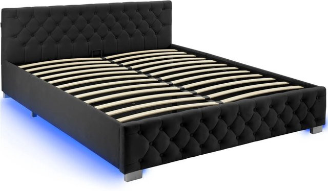 Tectake Polsterbett Daytona in Samtoptik mit Steppmuster und indirekter LED-Beleuchtung, Schwarz, B/T/H: 217 x 187,5 x 83 cm, Liegefläche 180 x 200 cm - Bild 1