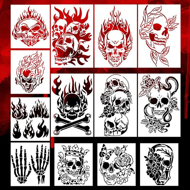 Bview Art 13-teiliges Totenkopf-Malschablonen-Set aus Kunststoff für DIY-Graffiti und Sprühmalerei - Bild 1