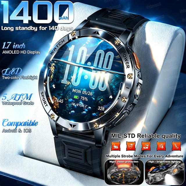 GUHUAVMI TANK Ultra Outdoor Smartwatch in Grau und Orange mit 1400 mAh Akku, wasserdichte taktische Militär-Armbanduhr für Herren mit LED-Taschenlampe - Bild 1